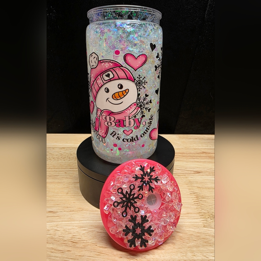16oz Festive Snowman Glitter Tumbler with Pink Accents